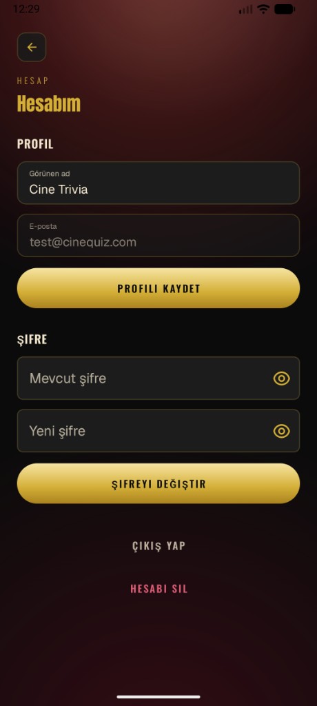 Cine Trivia Account screen showing the Delete Account button